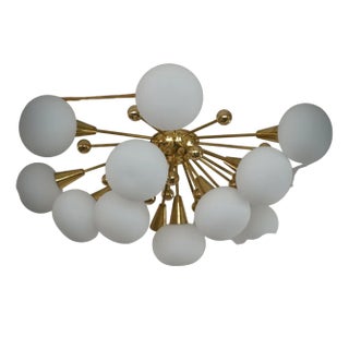 Mid-Century Murano White Art Glass and Brass Chandelier, 2000s For Sale