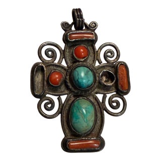 Matilde Poulat Matl Mexican Silver and Turquoise Cross Pendant For Sale