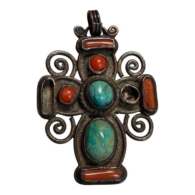 Matilde Poulat Matl Mexican Silver and Turquoise Cross Pendant For Sale