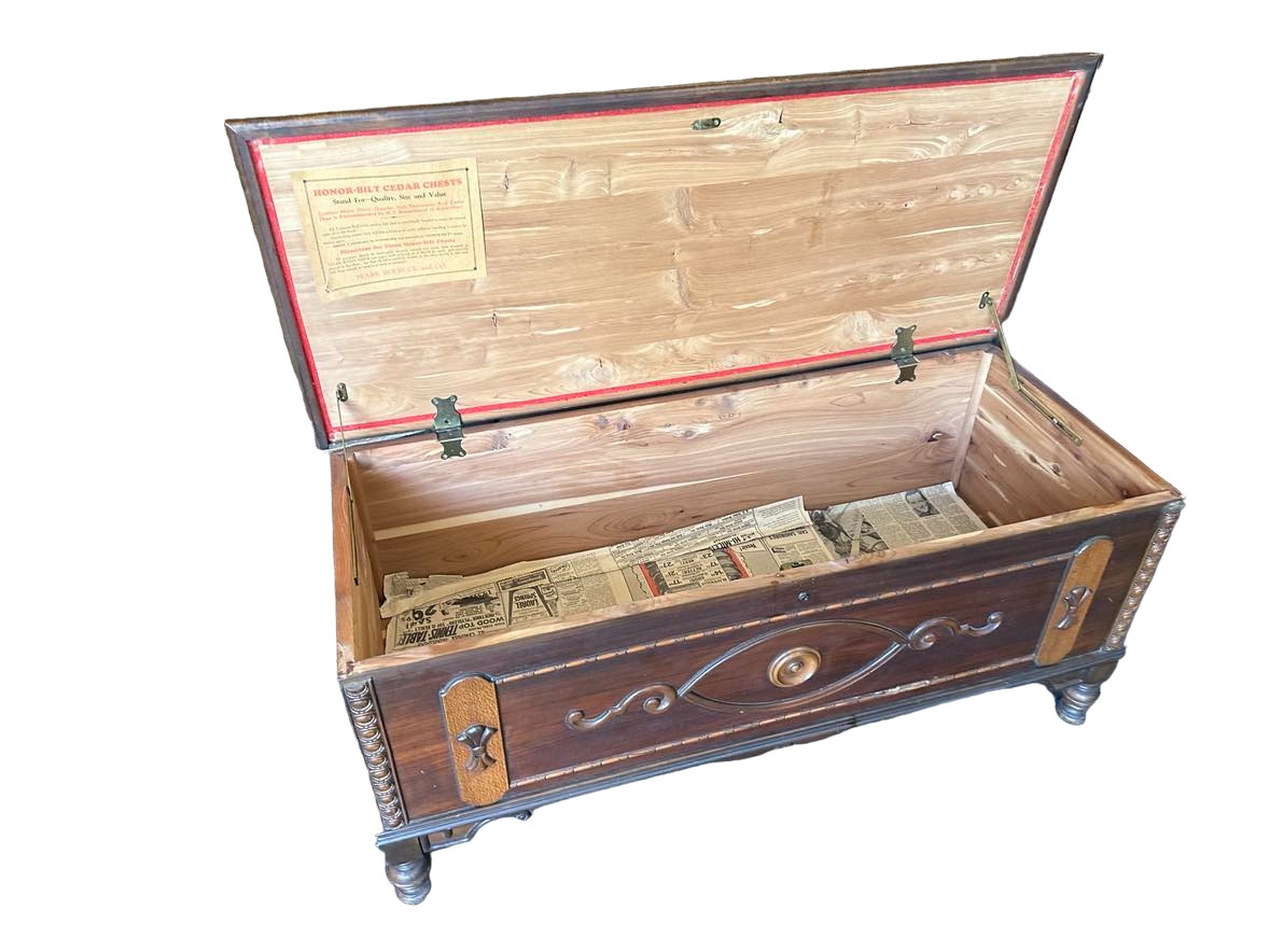 Antique 1920s Spanish Revival Walnut and Burlwood Cedar Chest