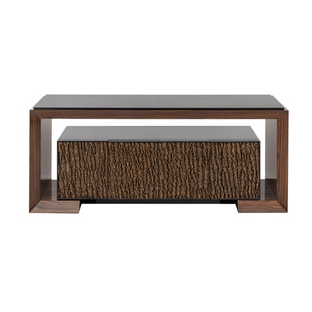 Contemporary Mahogany Waterfall Credenza, with inset black resin top above removable two-door black lacquered cabinet with...