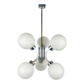 1960s Mid-Century Modern 6-Arm Chrome and Opaline Glass Chandelier, Germany For Sale