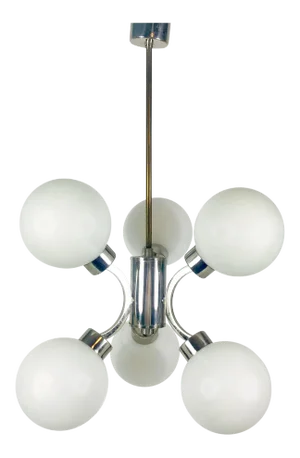 1960s Mid-Century Modern 6-Arm Chrome and Opaline Glass Chandelier, Germany