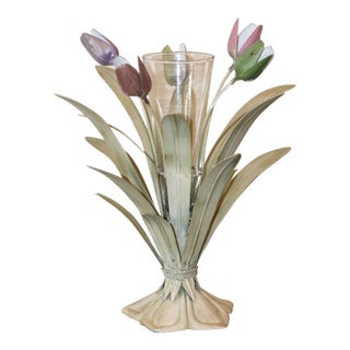 Rare, Vintage Italian Tole Metal Tulip Vase, W/ Center Glass Vase Insert For Sale