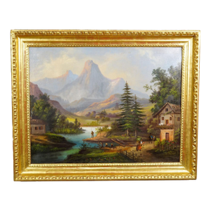 19th Century Biedermeier Landscape Painting With River and Mountain Hut