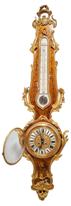 Louis Xv Style Vernis Martin Cartel Clock and Thermometer, 1740