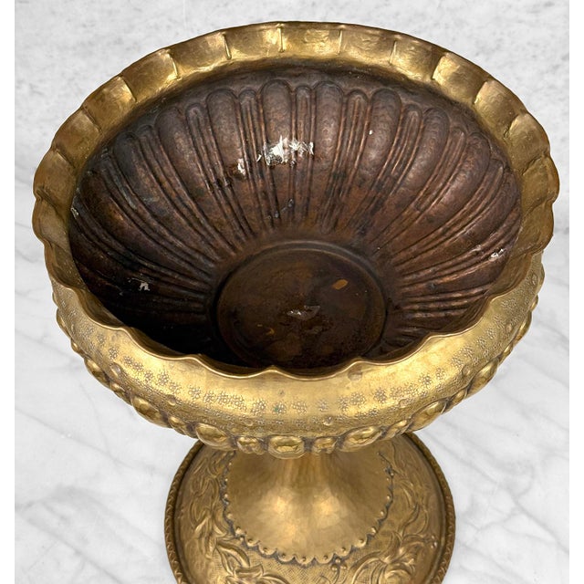 1970s Vintage Traditional Brass Repousse Footed Bowl Centerpiece Compote For Sale - Image 5 of 9