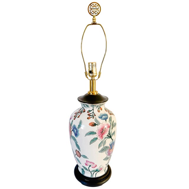 Vintage Chinoiserie Famille Rose Porcelain Table Lamps With Brass Shou Finials - a Pair For Sale - Image 10 of 15