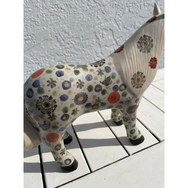 Vintage Chinese Porcelain Horse Figurine With Floral Motif & Red Seal Mark For Sale - Image 10 of 10