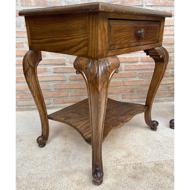 Wood French Louis XV Style Walnut Bedside Tables with Drawer and Open Shelf, 1930s, A Pair For Sale - Image 7 of 18