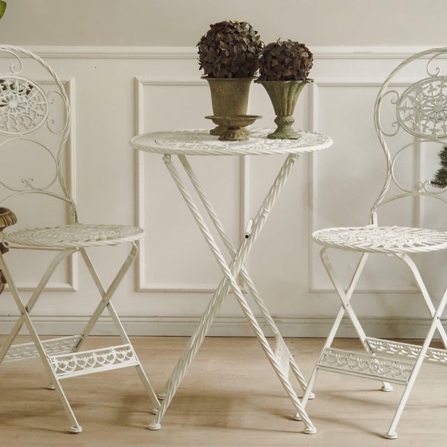 Folding Garden Seating Set with Openwork Ornamentation White Metal, Set of 3 For Sale - Image 15 of 15