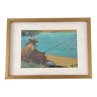 Mid 20th Century Vintage Painting - Untitled Acrylic on Paper - Fisherman For Sale