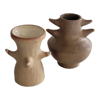 Carol Pilecki Sculptural Ceramic Hand-Built Horned Vases - A Pair For Sale