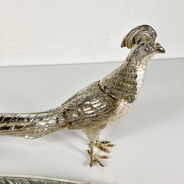 Silver Early 20th C Vintage French Chippendale Hollywood Regency Game Bird Pheasant Silverplate Figurals - An Opposing Pair For Sale - Image 8 of 18