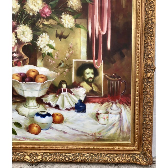 P. Mozah 20th Century Oil Painting, Still Life, Spring Flowers, Ornate Gold Frame For Sale - Image 10 of 15
