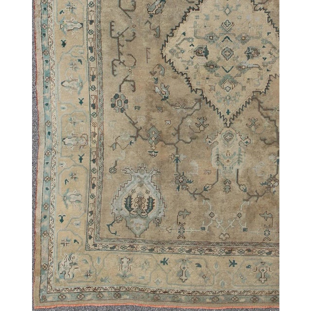 Neutral antique Oushak carpet in shades of teal, green, khaki, taupe and butter yellow. Keivan Woven Arts / kwarugs /rug...