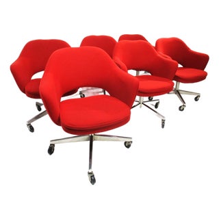 6 Eero Saarinen Upholstered Rolling Vintage Dining Chairs for Knoll For Sale