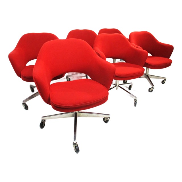6 Eero Saarinen Upholstered Rolling Vintage Dining Chairs for Knoll For Sale