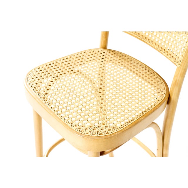 Tan Mid Century Vintage Attributed to Thonet Prague #811 Bar Stools — Bentwood + Cane — Pair For Sale - Image 8 of 9