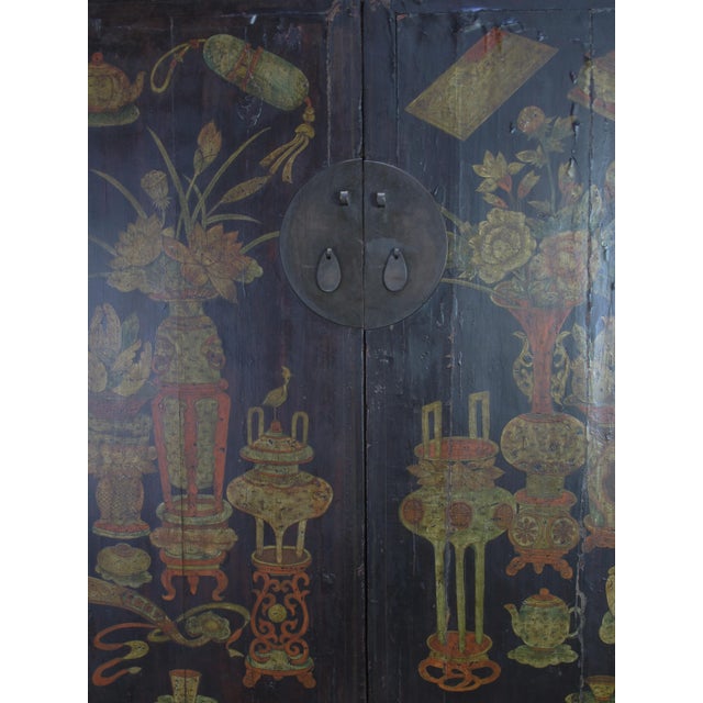 Black Hand Painted Flower 2 Panel Doors Antique Chinese Cabinet For Sale - Image 8 of 16