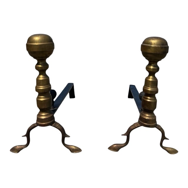 Antique Brass Ball Finial Fireplace Andirons Fire Dogs Pair Early 1900s For Sale