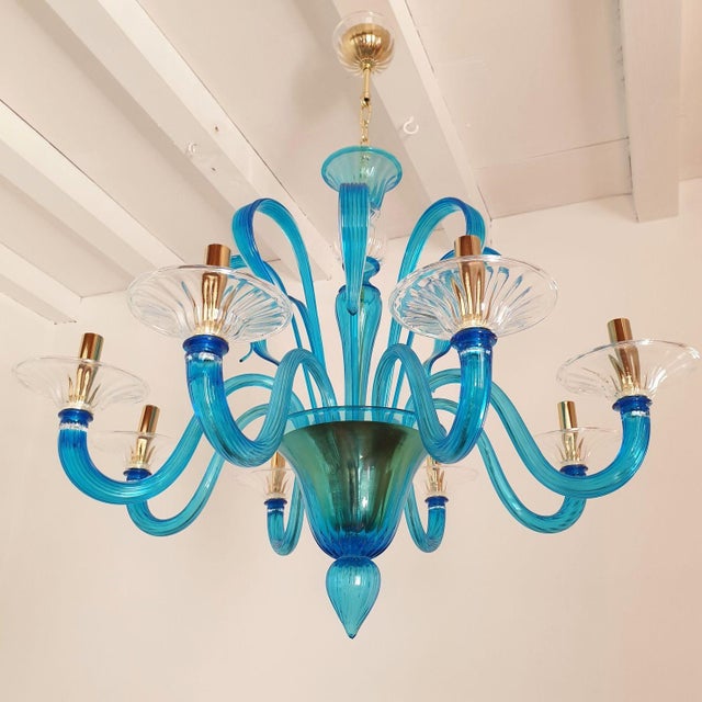Venini 1980s Venini Style Blue Murano Glass Neoclassical Chandelier For Sale - Image 4 of 12
