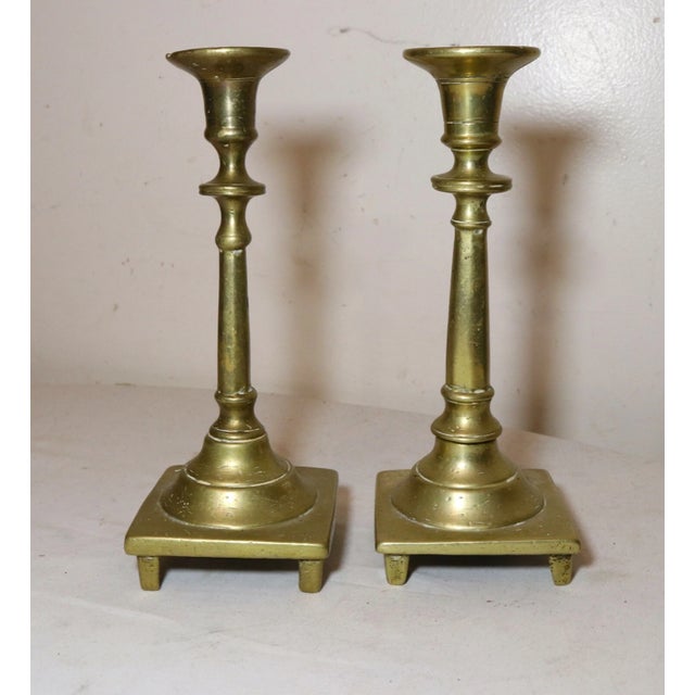 Rare Pair Primitive Antique 18th Century Turned Brass Candlestick Candle Holder For Sale - Image 11 of 11