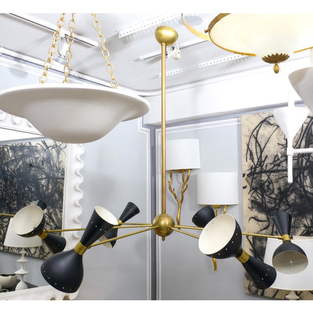 Mid-Century Inspired Six-Arm Brass Fixture with Unusual Articulated Black Shades