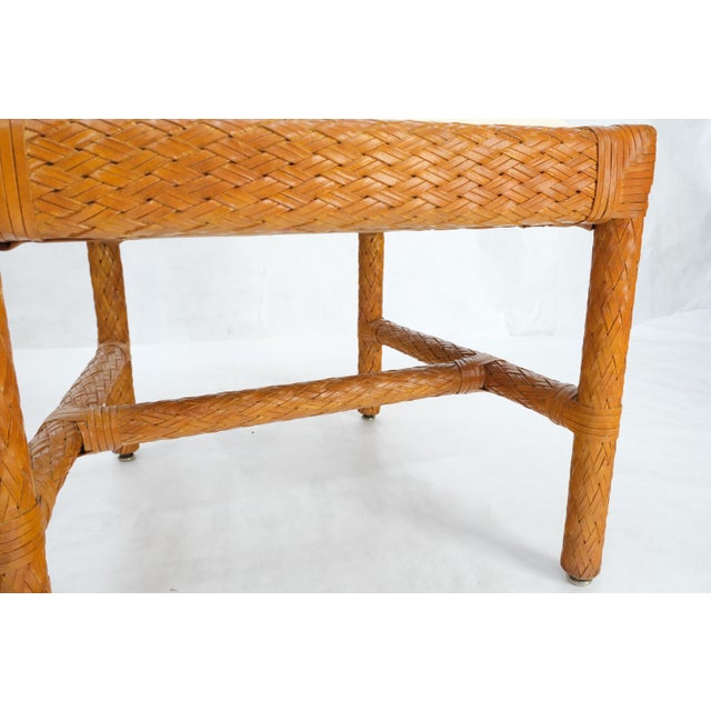 Leather Basket Weave Wicker Style Square Dining Room Table 4 Chairs Glass Top For Sale - Image 18 of 18