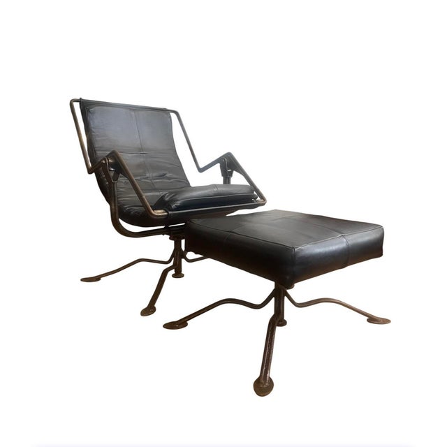 Industrial Architectural Motorcycle Leather Rocker Lounge Chair W/Ottoman Attributed to Joshua Height For Sale - Image 3 of 14