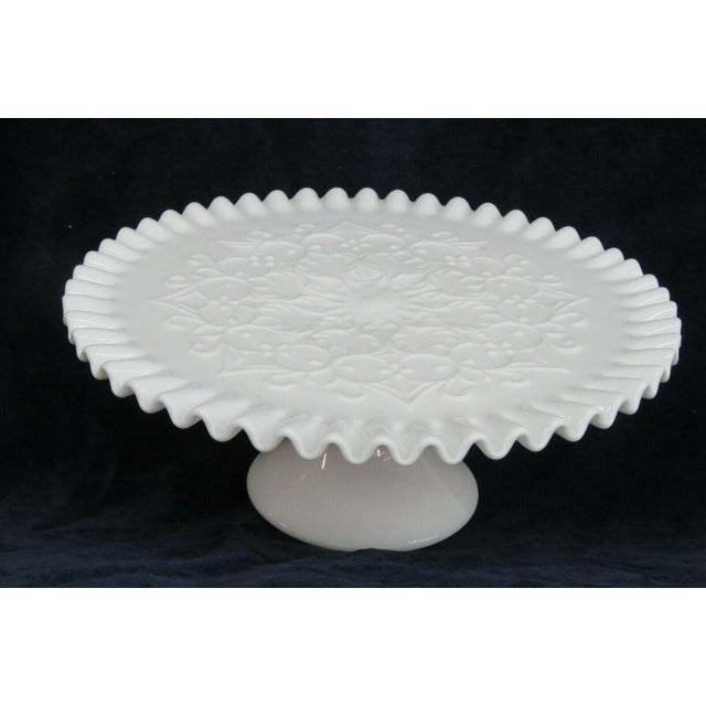 Mid 20th Century Fenton Spanish Lace Style White Milk Glass Pedestal Cake Stand Plate Chairish