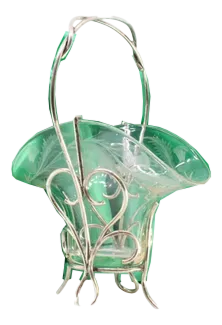 Acid-Etched Glass and Silver Candy Box with Interlaced Handle and Coiled Feet
