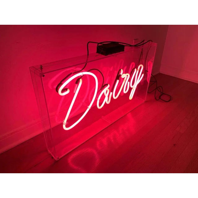 Vintage Pink Neon Dairy Sign in Hanging Lucite Box For Sale - Image 4 of 13