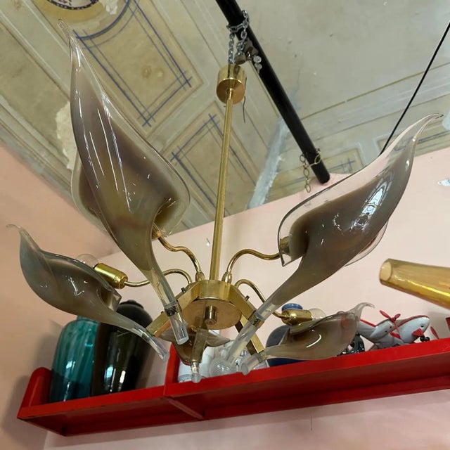 Metal 1970s Mid-Century Modern Brown Murano Glass and Brass Chandelier by Franco Luce For Sale - Image 7 of 11