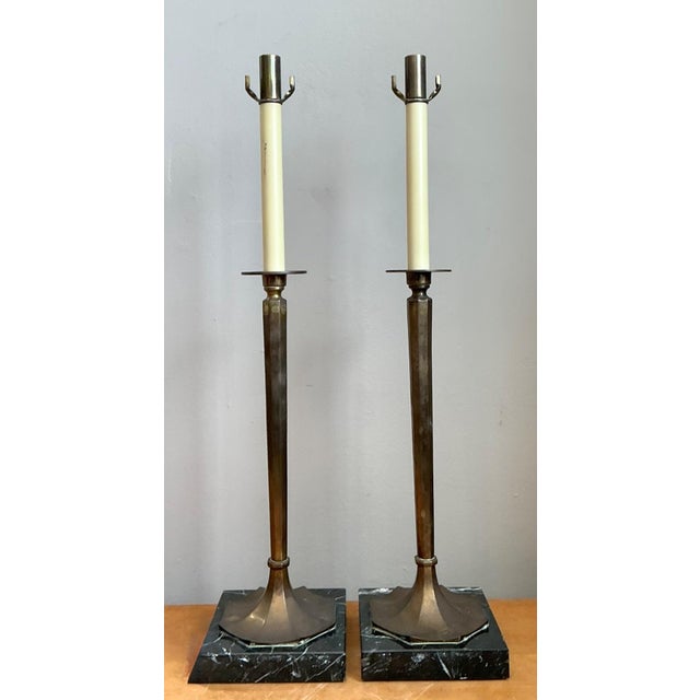 Vintage Chapman Brass and Marble Candlestick Lamps - A Pair For Sale - Image 17 of 18