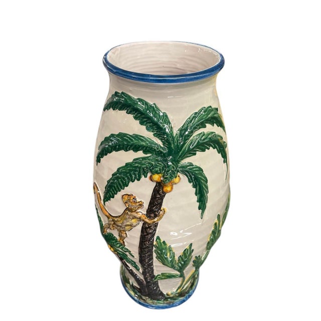 2020s Whimsical Italian Relief Ceramic Monkey & Palm Tree Vase For Sale - Image 5 of 9