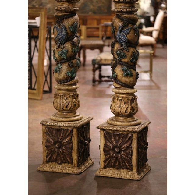 Pair of 18th Century French Carved Polychrome Pedestals With Birds & Grapevines For Sale - Image 4 of 12