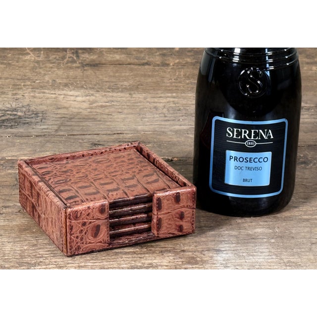 Restoration Hardware Restoration Hardware Ostrich Embossed Leather Coaster Set With Holder - Set of 4 For Sale - Image 4 of 6