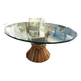 McGuire 1960s Large Round Rattan Bamboo Dining Table With Glass Top For Sale