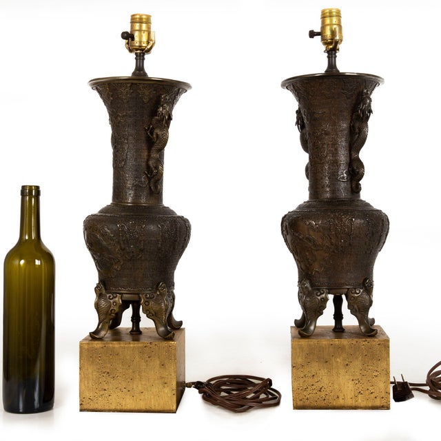 Early 20th Century Pair of Antique Japanese Bronze Vasiform Table Lamps For Sale - Image 5 of 18