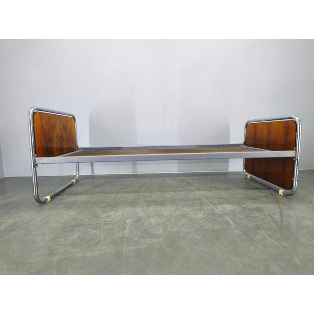 Bauhaus Tubular Steel Bed with Walnut Panels, Czechoslovakia, 1930s For Sale - Image 6 of 17