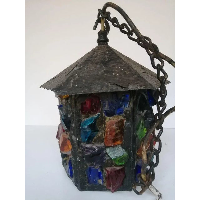 English Arts & Crafts Glass, Lead & Hammered Sheet Metal Porch Lantern by Peter Marsh, 1950s For Sale - Image 14 of 18