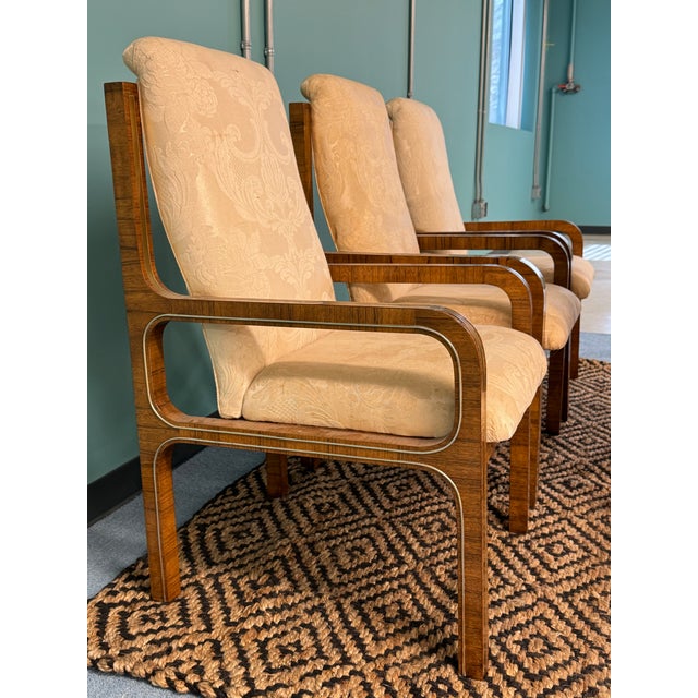 Ultra Rare Brass Inlaid Ebano Veneer Dining Chairs from Mastercraft. Aged Upholstery. Extraordinary design. Age...