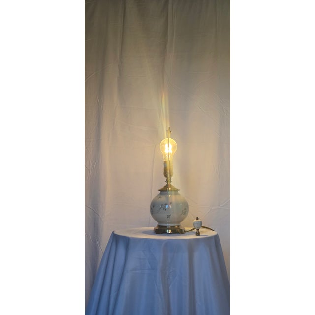 Traditional Vintage Lenox Floral Porcelain Table Lamps With Brass Accents and Pleated Shades - Pair For Sale - Image 3 of 8