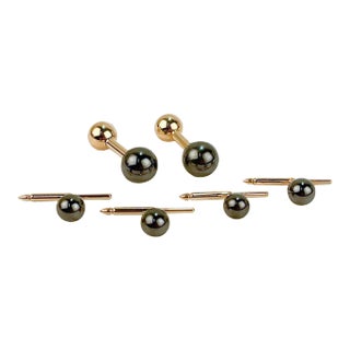 Vintage Hematite & 18 Karat Cufflink & Button Dress Set, Ex-Firestone & Parson - 6 Pieces For Sale