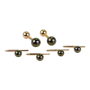 Vintage Hematite & 18 Karat Cufflink & Button Dress Set, Ex-Firestone & Parson - 6 Pieces
