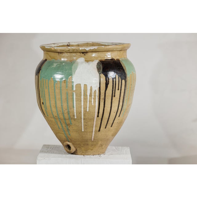 Large Antique Japanese Drip-Glazed Stoneware Jar with Multicolor Runs For Sale - Image 11 of 18