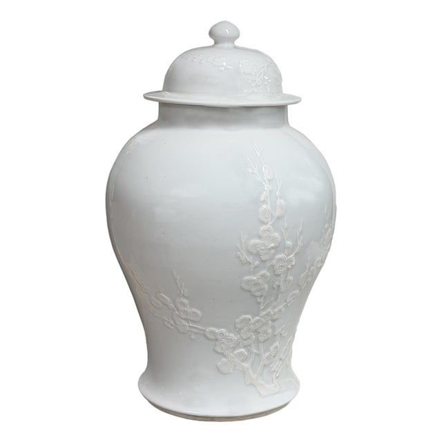 White Monochrome Round Relief Floral Motif Ceramic General Temple Jar For Sale