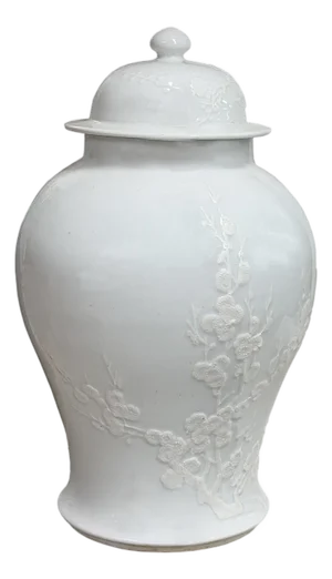 White Monochrome Round Relief Floral Motif Ceramic General Temple Jar