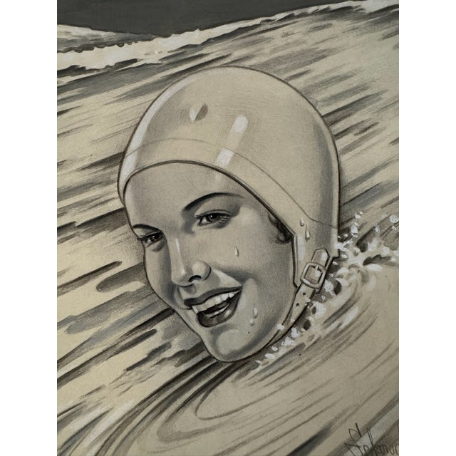 Original graphite pencil drawing by American artist and illustrator Theodore E. Schrock (1879–1952), depicting a smiling...